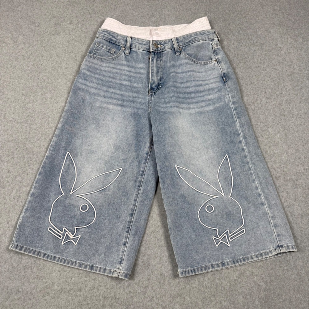 Playboy Women Wide Leg Denim Jort Shorts Embroidered Bunny Logo Size 7 Y2K